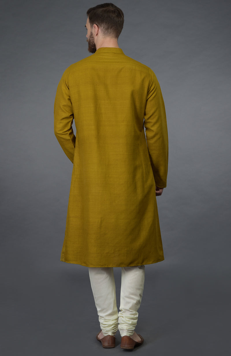 Mustard Embroidered Pure Silk Kurta Set