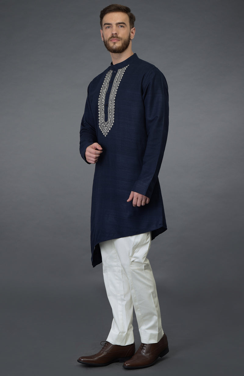Navy Blue Asymmetric Kurta With Silver Tilla Embroidery