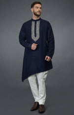 Navy Blue Asymmetric Kurta With Silver Tilla Embroidery