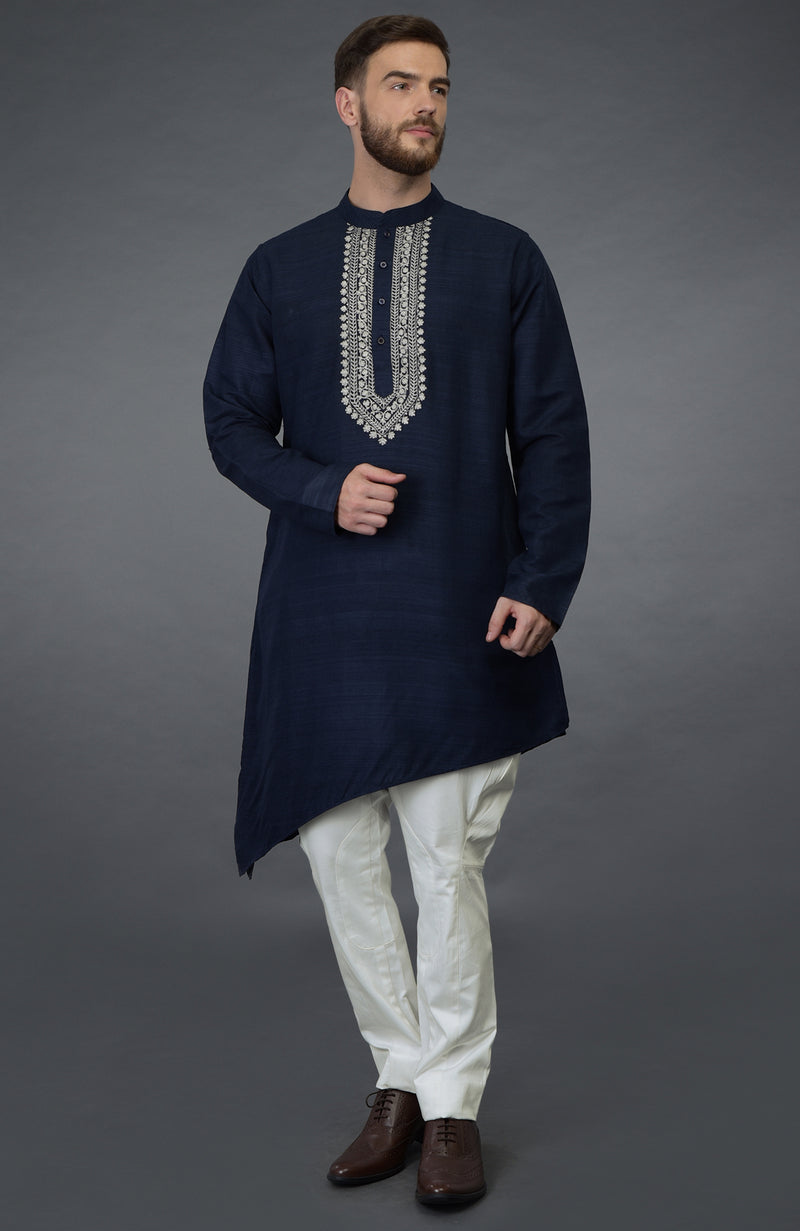 Navy Blue Asymmetric Kurta With Silver Tilla Embroidery
