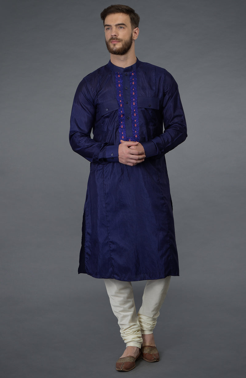 Ink Blue Embroidered Silk Kurta Set