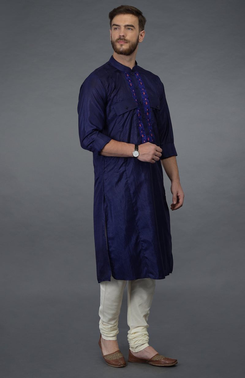 Ink Blue Embroidered Silk Kurta Set