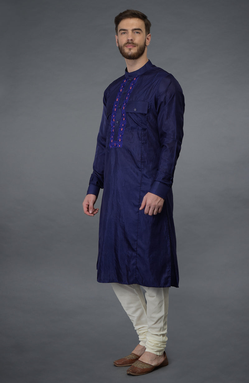 Ink Blue Embroidered Silk Kurta Set