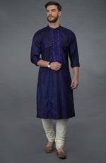 Ink Blue Embroidered Silk Kurta Set