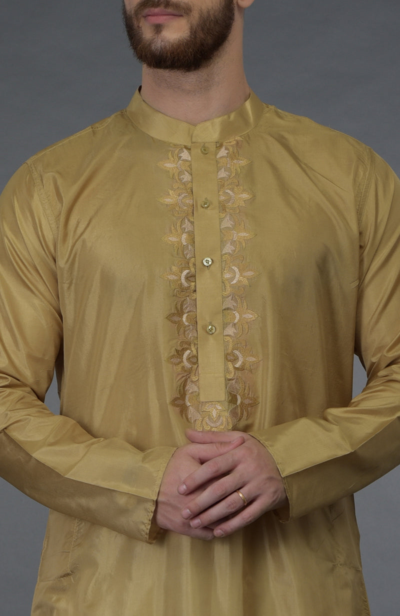 Gold Embroidered Silk Kurta Set