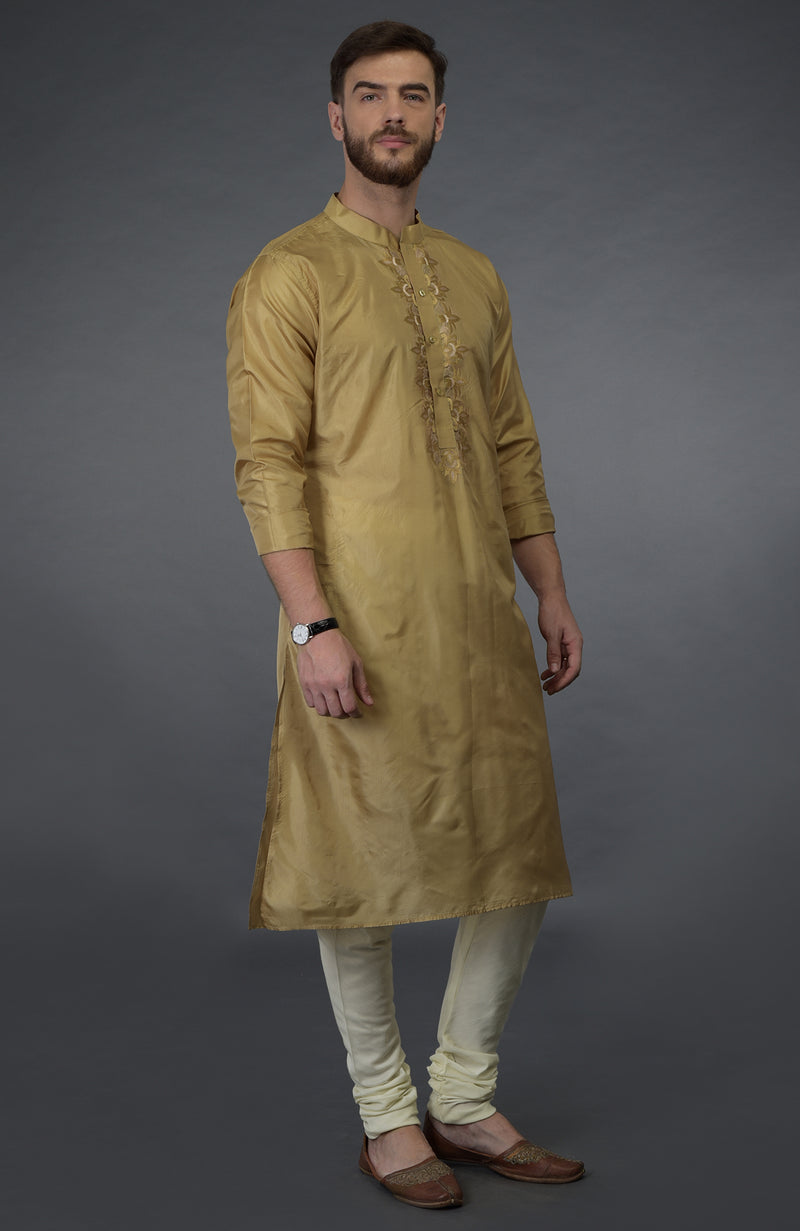 Gold Embroidered Silk Kurta Set
