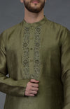 Olive Green Pure Silk Kurta With Embroidered Placket Detail