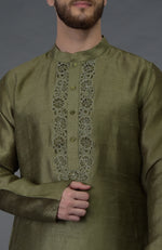 Olive Green Pure Silk Kurta With Embroidered Placket Detail