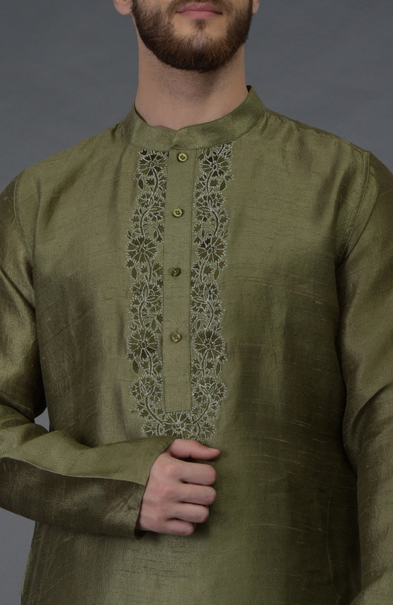 Olive Green Pure Silk Kurta With Embroidered Placket Detail
