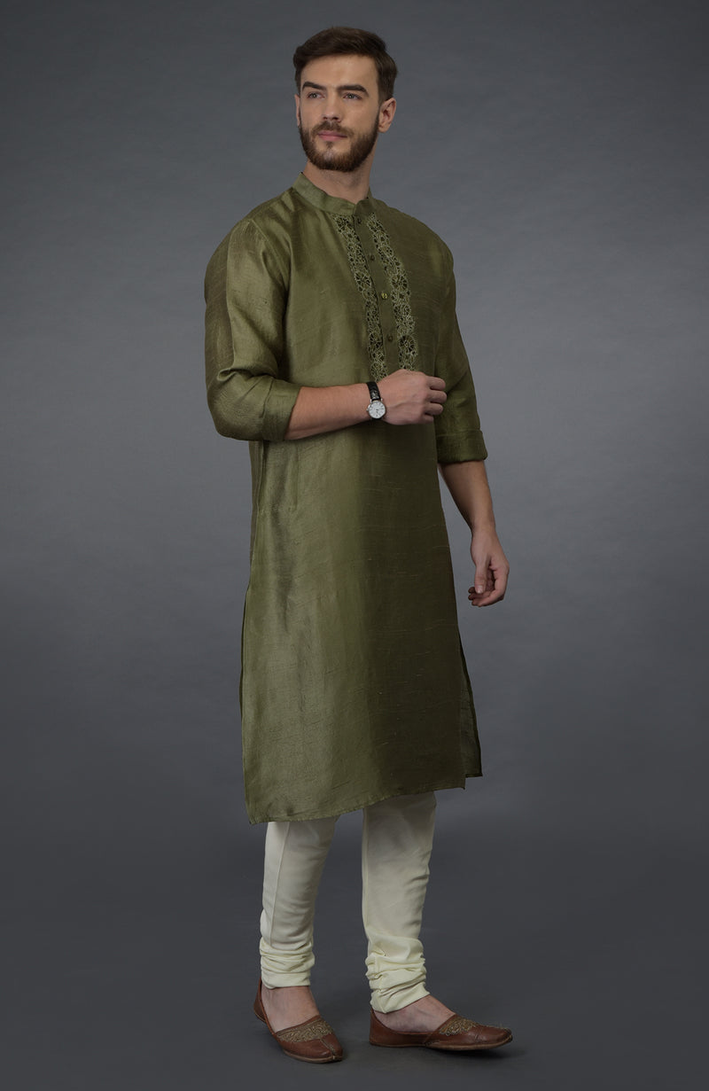 Olive Green Pure Silk Kurta With Embroidered Placket Detail