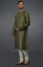 Olive Green Pure Silk Kurta With Embroidered Placket Detail