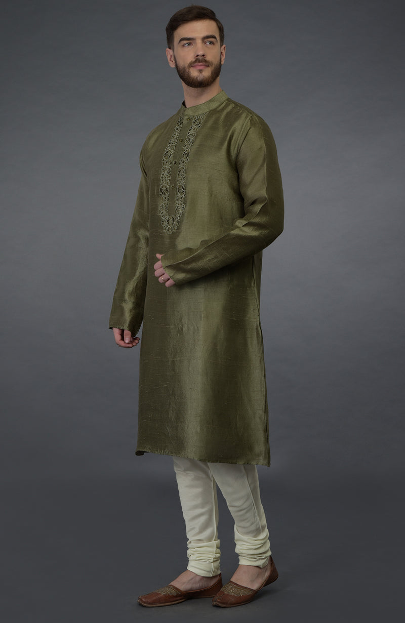 Olive Green Pure Silk Kurta With Embroidered Placket Detail