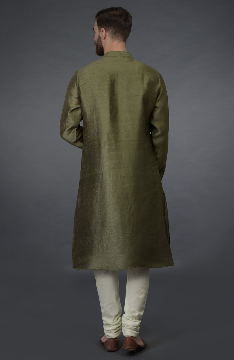 Olive Green Pure Silk Kurta With Embroidered Placket Detail