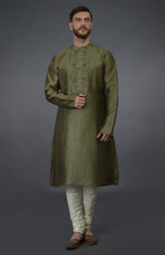 Olive Green Pure Silk Kurta With Embroidered Placket Detail