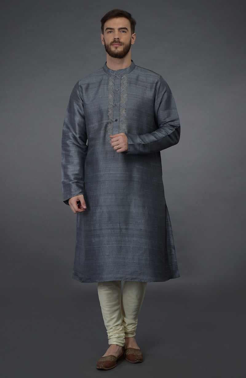 Grey Embroidered Pure Silk Kurta Set