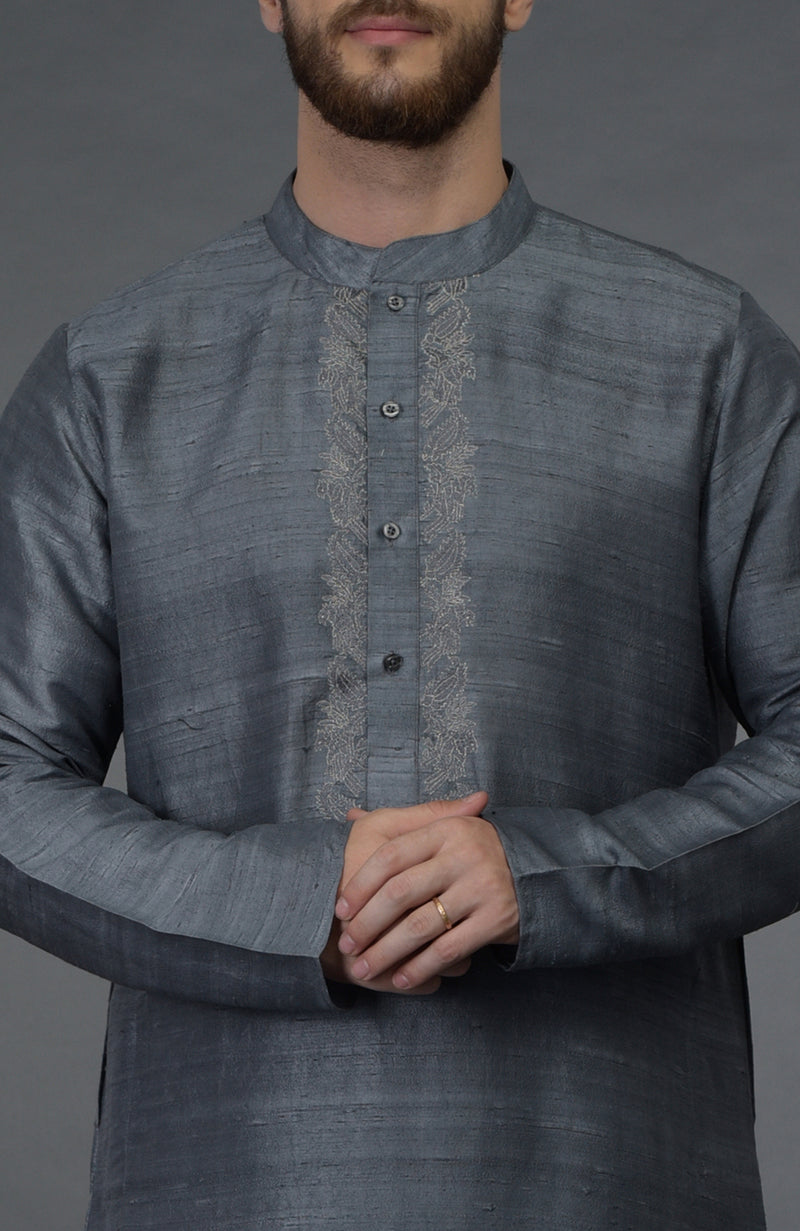 Grey Embroidered Pure Silk Kurta Set