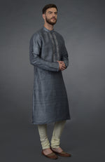 Grey Embroidered Pure Silk Kurta Set