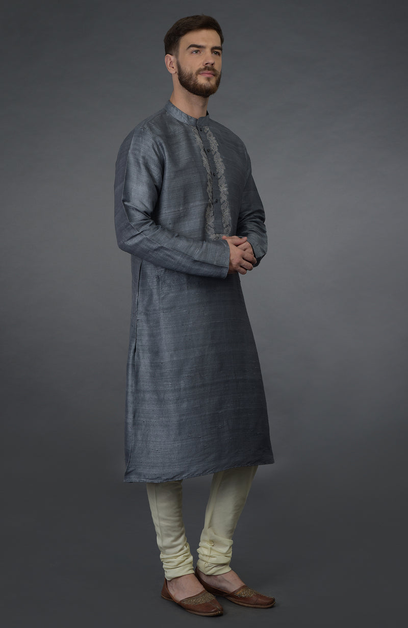 Grey Embroidered Pure Silk Kurta Set