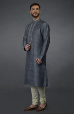 Grey Embroidered Pure Silk Kurta Set