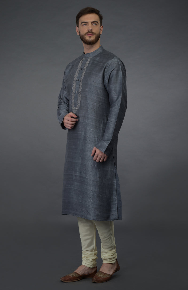 Grey Embroidered Pure Silk Kurta Set