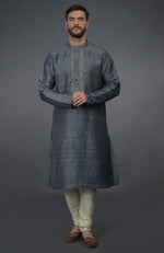 Grey Embroidered Pure Silk Kurta Set