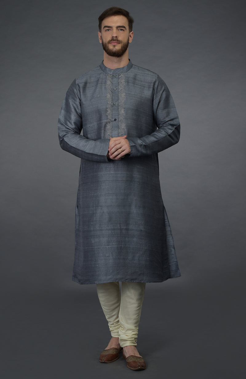 Grey Embroidered Pure Silk Kurta Set