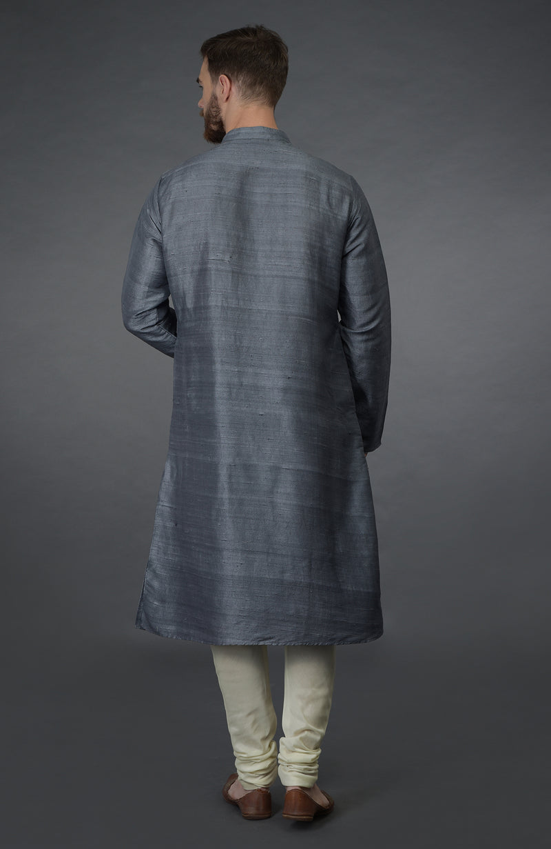 Grey Embroidered Pure Silk Kurta Set