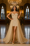 The Champagne Crystal Couture After-Party Mini Dress With Dramatic Tulle Train