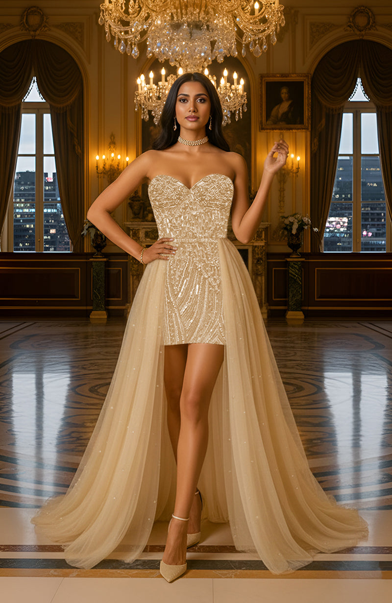 The Wine Crystal Couture After-Party Mini Dress With Dramatic Tulle Train
