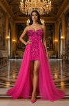 The Hot Pink Crystal Couture After-Party Mini Dress With Dramatic Tulle Train