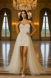 The Porcelain Ivory Crystal Couture After-Party Mini Dress With Dramatic Tulle Train