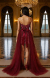 The Scarlet Crystal Couture After-Party Mini Dress With Dramatic Tulle Train