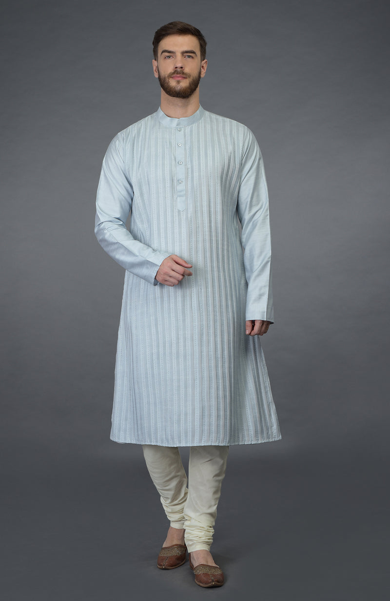 Powder Blue Kurta with Pintuck & Kantha Hand Embroidery
