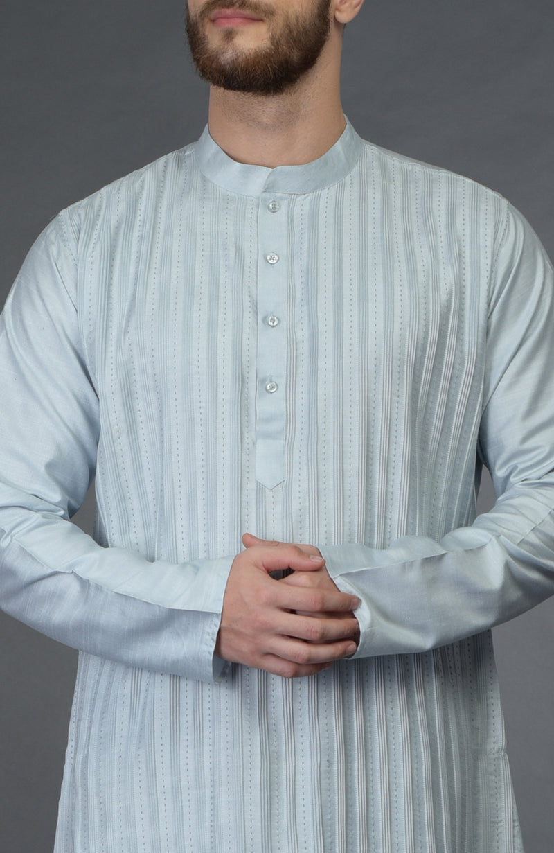 Powder Blue Kurta with Pintuck & Kantha Hand Embroidery
