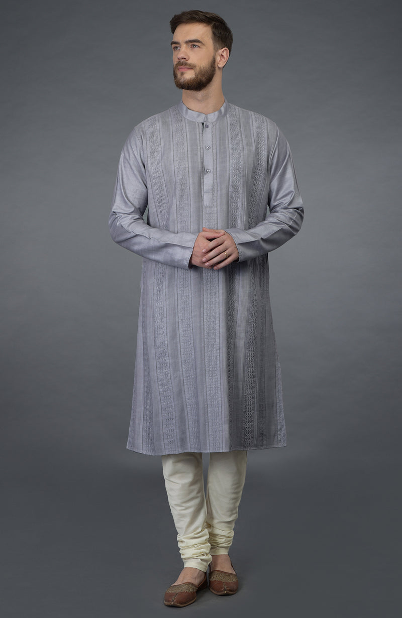 Grey Kurta With Pintuck Detail