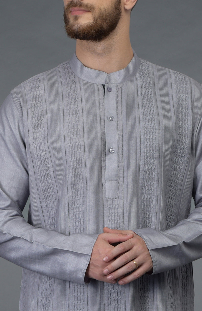 Grey Pintuck Silk Kurta Set