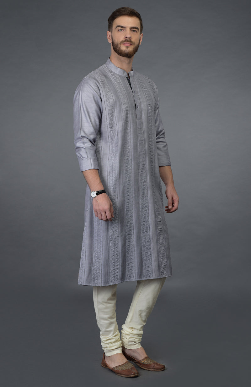 Grey Pintuck Silk Kurta Set