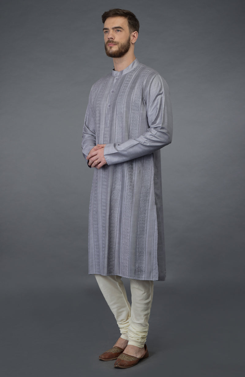 Grey Pintuck Silk Kurta Set