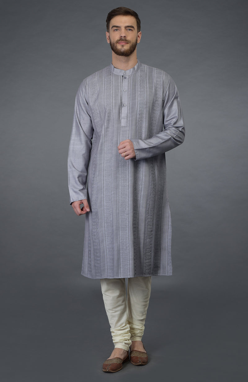 Grey Pintuck Silk Kurta Set