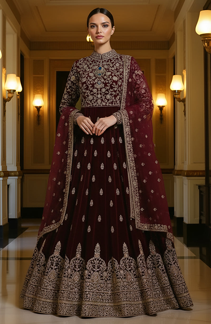 Maroon Velvet Zardozi Anarkali Set