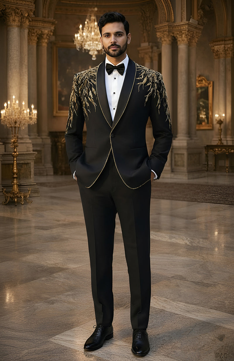 Zar Code Noir Black Gold Embroidered Tuxedo | Talking Threads