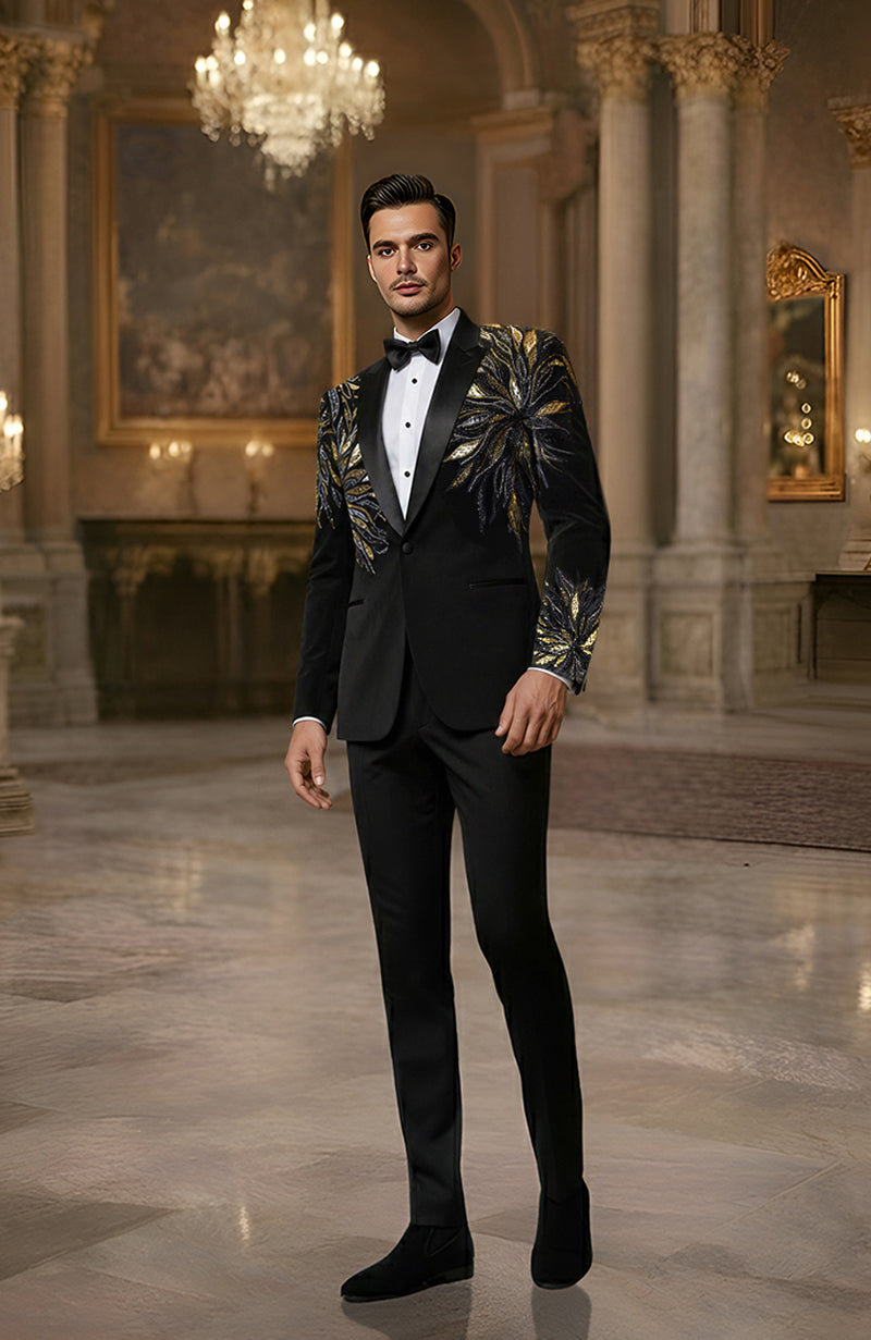 Talking Threads Charcoal Black Gold Embroidered Tuxedo Suit Set
