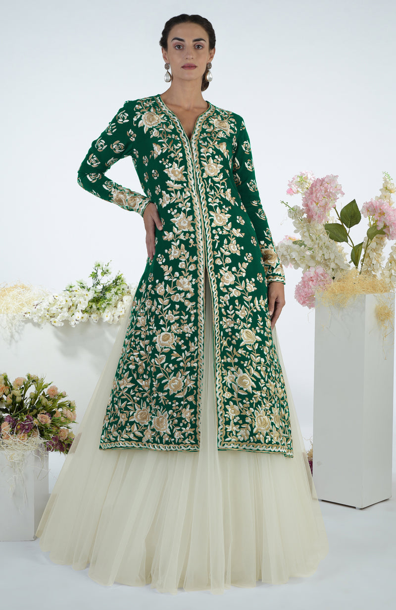Black Floral Parsi Gara Embroidered Jacket Set