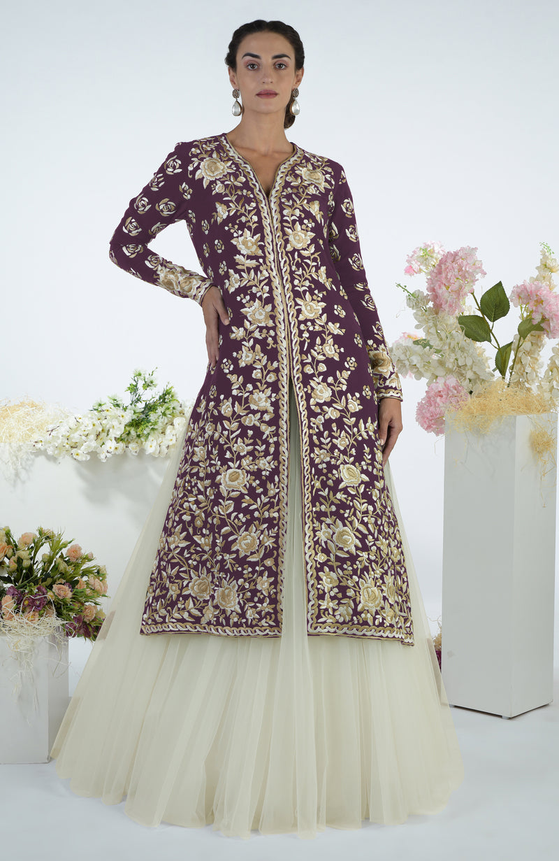 Peacock Pink Floral Parsi Gara Embroidered Jacket Set