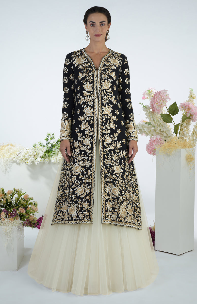 Black Floral Parsi Gara Embroidered Jacket Set