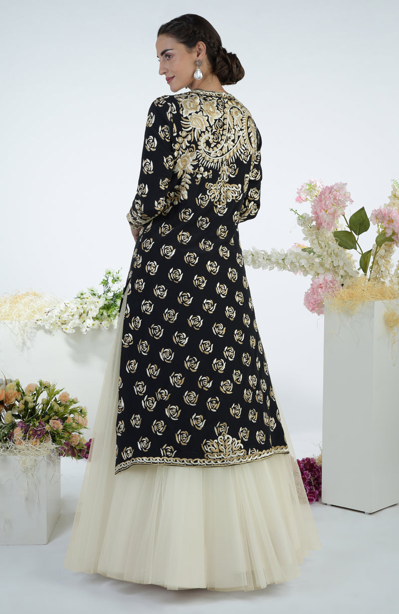 Black Floral Parsi Gara Embroidered Jacket Set