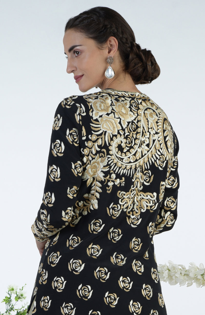 Black Floral Parsi Gara Embroidered Jacket Set