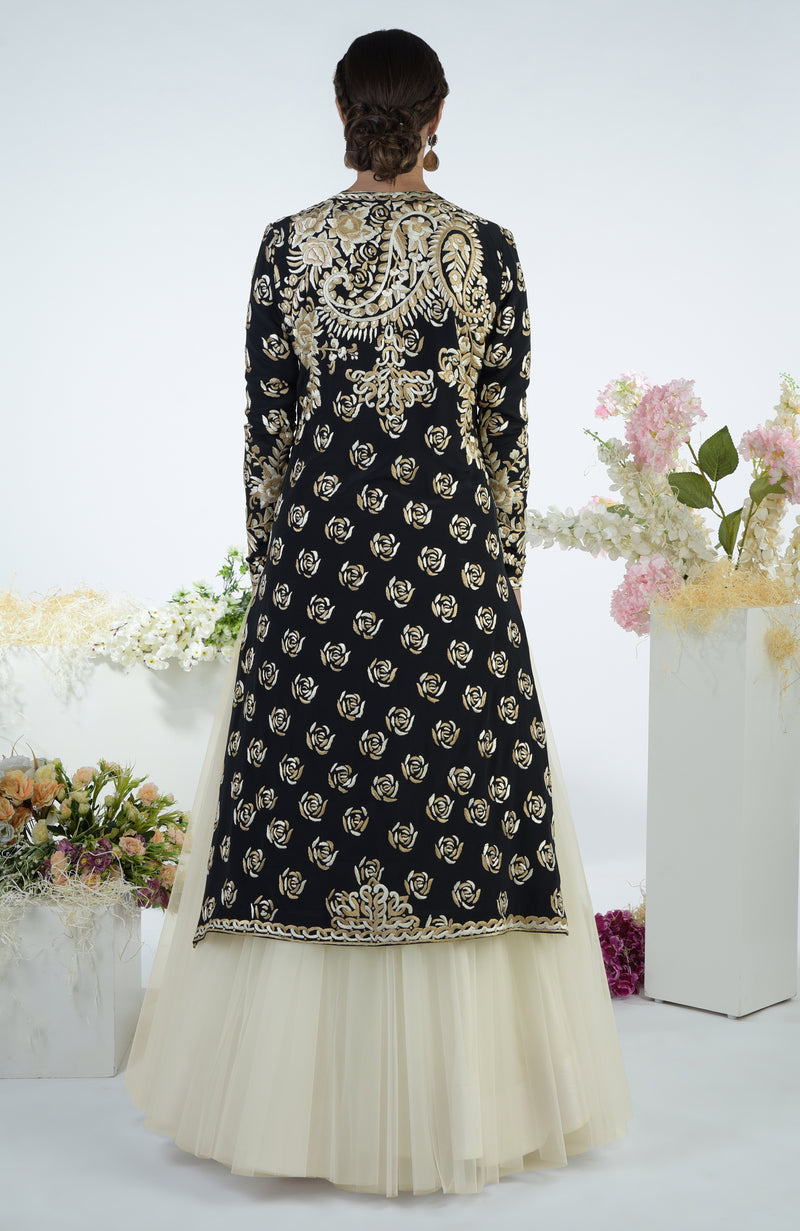 Black Floral Parsi Gara Embroidered Jacket Set