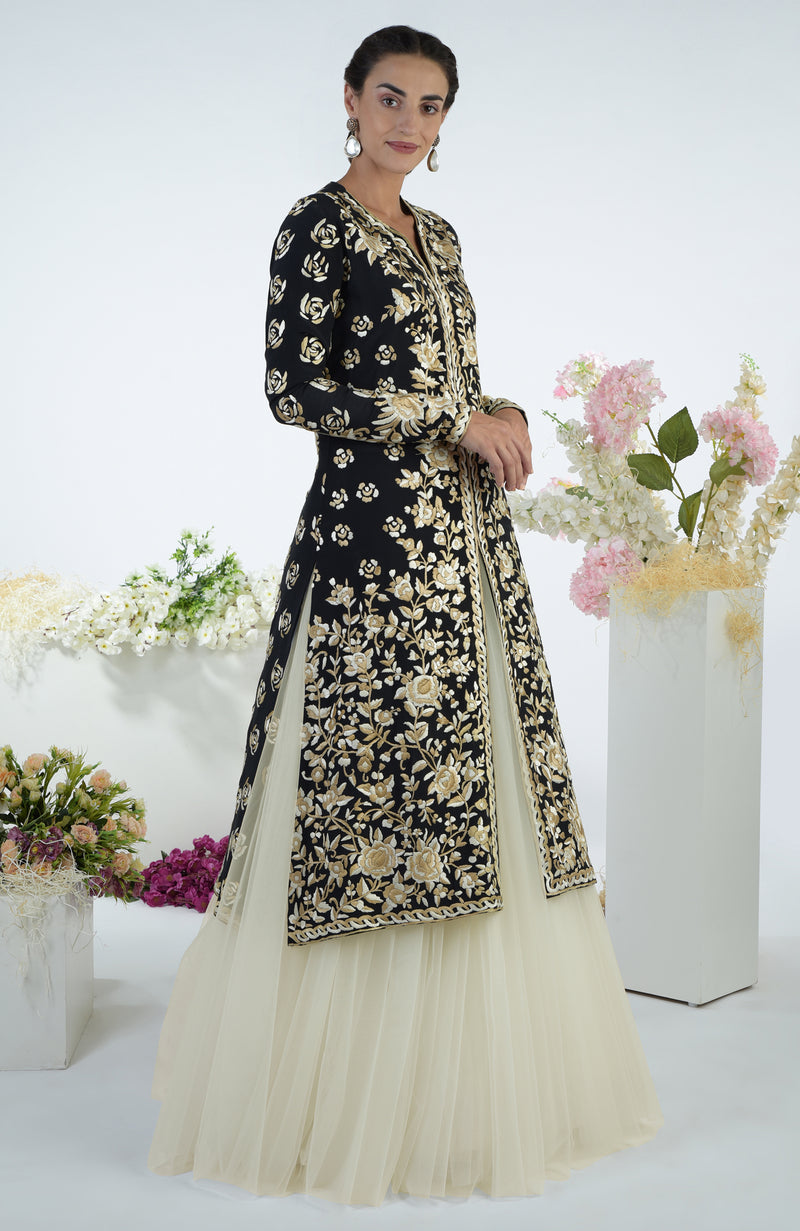 Black Floral Parsi Gara Embroidered Jacket Set