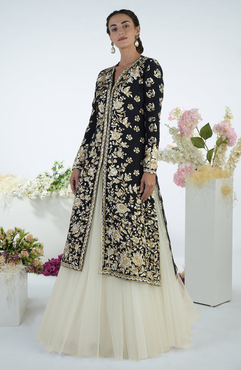 Black Floral Parsi Gara Embroidered Jacket Set